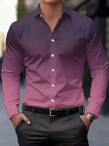 Detail of purple gradient shirt featuring fine black geometric cross-hatch patterns