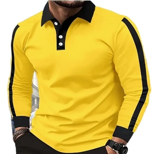 Polo da uomo a manica lunga giallo acceso con strisce e colletto neri a contrasto