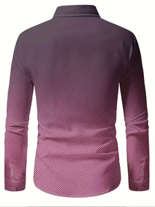 Rear view of men's long sleeve shirt with purple gradient geometric weave pattern