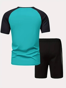 Rear view of quick-dry raglan sleeve t-shirt and matching black sports shorts set