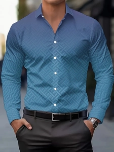 Detail of navy blue men's shirt with subtle geometric cross pattern and resin buttons