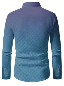 Back view of men's long sleeve shirt with purple gradient and geometric pattern