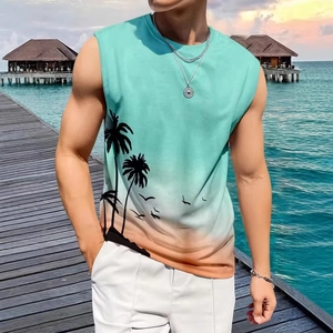 Detail of men's beach vest with teal to orange gradient and palm tree silhouette print