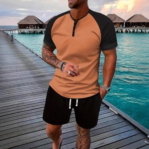 Men Casual Polyester Henley T-Shirt Shorts Top And Bottom Set Contrast Raglan Sleeve Vacation Sport Summer Outfit