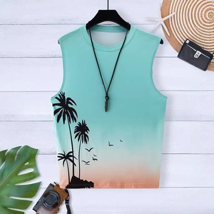Close-up of sunset gradient men's tank top with tropical palm tree silhouette print