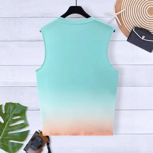 Detail of men's tank top with mint green to orange gradient and summer beach props