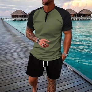 Men's summer Henley neck two-piece short set in army green and black patchwork style