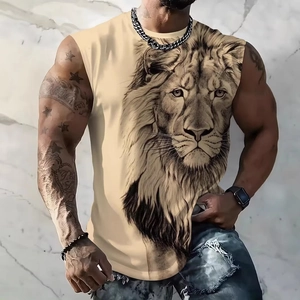 Detailed view of 3D lion print on men's beige sleeveless fitness tank top for gym