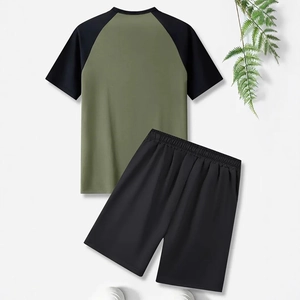 Men's olive green and black raglan short sleeve t-shirt and shorts two-piece sports set