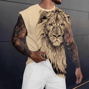 Detail shot of the realistic 3D lion print on a beige sleeveless fitness tank top for men