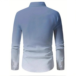 Men's casual long sleeve shirt with blue gradient color and geometric woven pattern