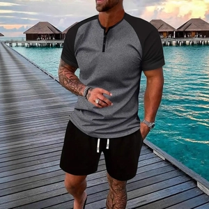 Men's summer casual Henley shirt and drawstring shorts set in grey and black contrast