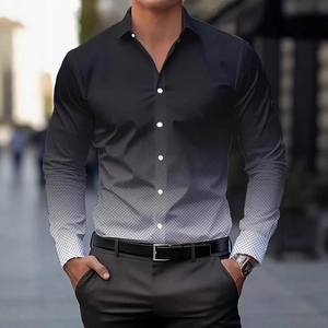 Men's gradient black-grey casual long sleeve shirt with geometric cross-line textures