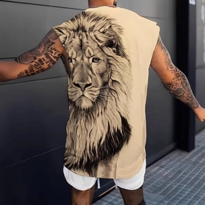 Close-up of the black 3D lion head print on the back of a beige sleeveless fitness vest