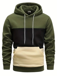Detailed close-up of a men's hoodie featuring tricolor panels and a ribbed windproof cuff