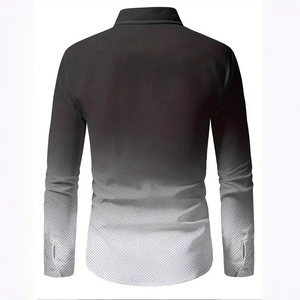 Men's gradient long sleeve casual shirt with black and white geometric textured fabric