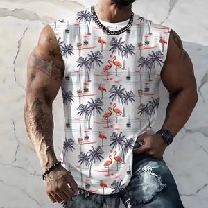 Detailed close-up of tropical print tank top with flamingos and palm trees pattern