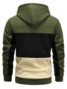 Back view of a tricolor color-block hoodie with olive, black, and beige panels