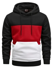 Detail view of tri-color stitched hoodie with kangaroo pocket and drawstring hood