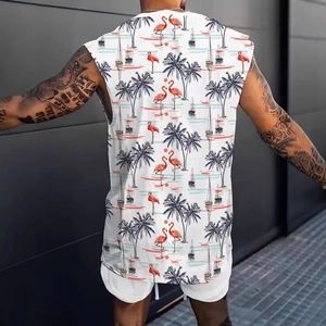 Rear view of men's tank top featuring tropical prints of flamingos and palm trees