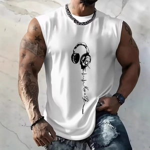Detail shot of men's white fitness tank top featuring Music is Life headphone graphic