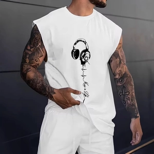 Close-up detail of 'Music is Life' 3D print design on men's white fitness tank top