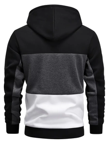 Detail view of men's color-block hoodie with tricolor black, grey and white panelling