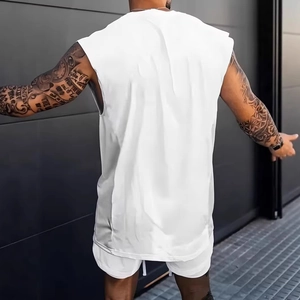 Rear view of white sleeveless fitness vest and shorts set showing clean athletic tailoring