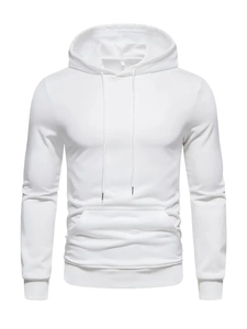 Detail of white cotton hoodie showing ribbed cuffs, kangaroo pocket and drawstring neck