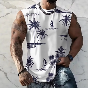 Detail of men's tank top showing tropical ocean print and breathable white fabric texture