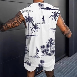 Rear view of men's white tank top and shorts set with navy tropical island print