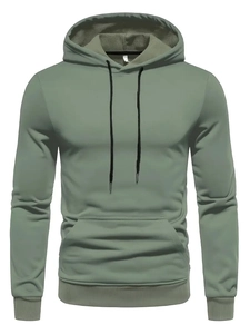 Detail view of sage green drawstring hoodie with kangaroo pocket and ribbed cuffs