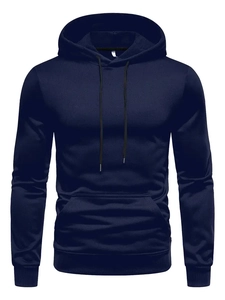 Close-up of a men's navy blue hoodie with adjustable drawstring hood and kangaroo pocket