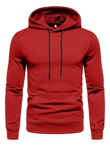 Detail of dark red hoodie with black drawstrings and large front kangaroo pocket