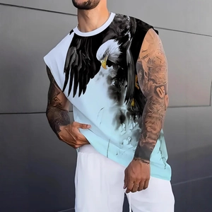 Men's blue gradient sleeveless gym vest with 3D eagle print and round neck design