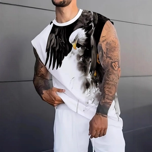 Men's white tank top with 3D eagle print, athletic fit muscle shirt for fitness wear
