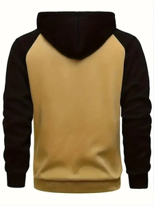Detail view of the khaki and black color-block hooded sweatshirt for men shown from behind