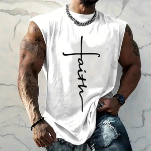 Men's white tank top with 3D faith cross print on chest for fitness and sports wear