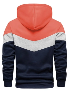 Back view of men's hooded sweatshirt with orange, grey and navy blue color splicing