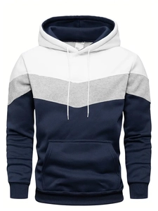 Detailed view of tricolor hoodie with kangaroo pocket and ribbed cuffs in size L