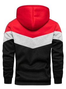Rear view of men's color-block hoodie featuring red, grey, and black V-shaped patchwork design
