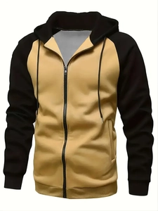 Detail of color-block hooded jacket with metal zipper and adjustable drawstrings