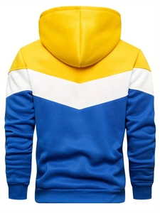 Back view of men's tricolor patchwork hoodie featuring yellow white and blue blocks