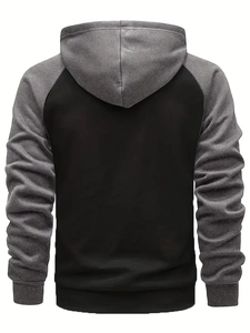 Back view of a men's hoodie featuring black body and heather grey raglan sleeves