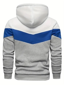 Rear view of men's hoodie featuring blue V-shaped color block and gray textured fabric