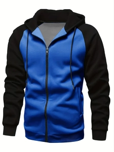 Detail of color-block hooded sweatshirt featuring blue body and black contrast sleeves