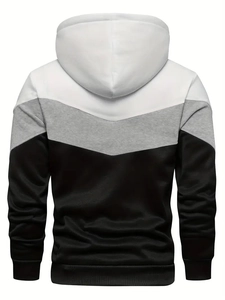 Back view of men's casual hoodie featuring tri-color block geometric patchwork design
