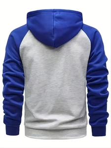 Back view of color-block raglan hoodie showing blue sleeves and gray body texture