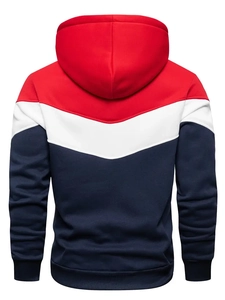 Detailed back view of casual tri-color patchwork hoodie in red, white and navy blue