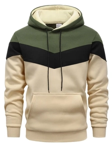 Detail of color-block hoodie showing drawstring hood, kangaroo pocket and size S label